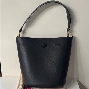 Tory Burch Black Pebbled Leather Shoulder Bucket Bag with Gold Hardware